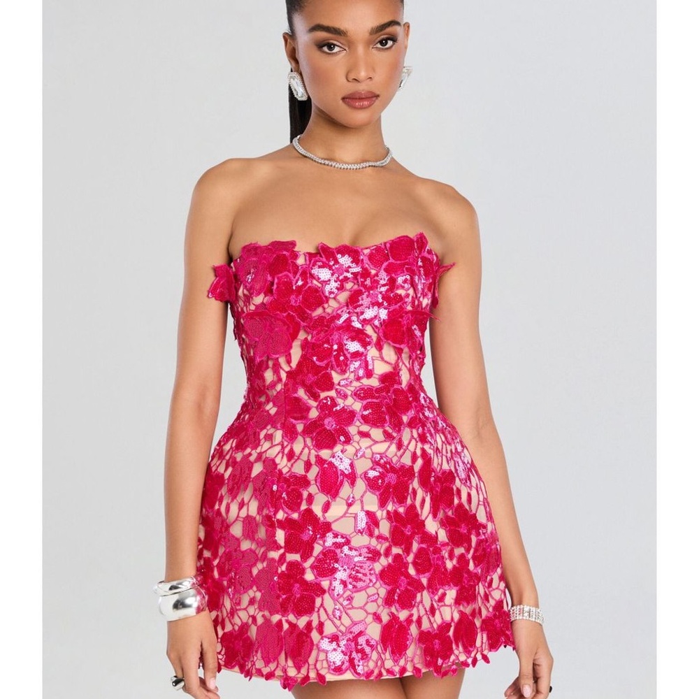 Retrofete Alira Fuchsia Floral Lace Mini Dress
